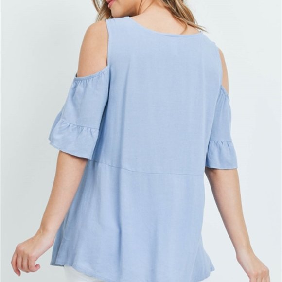 FRESH TAKE Cold Shoulder Top- Blue - Picture 2 of 5